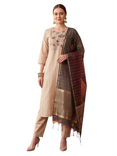 Image of INDO ERA Women's Cotton Blend Solid Straight Kurta Palazzo With Dupatta Set