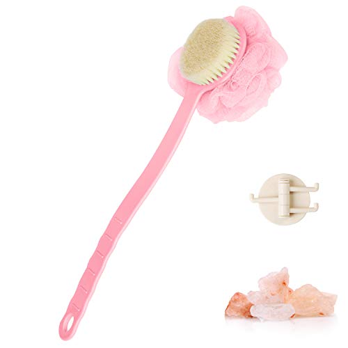 BEDELITE Upgraded Bath Body Brush and Sponge with Himalayan Bath Salt Rocks, Loofah Back Scrubber with Soft Bristles for Use in Shower with Curved Long Handle, Men & Women Skin Exfoliating Set, Pink