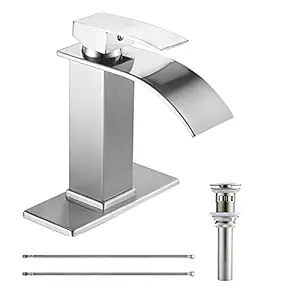 Bathroom Sink Faucet with Drain Assembly Brushed Nickel Waterfall Spout Single Handle Bath Vanity Sink Faucet One Hole Lavatory Basin Mixer Tap with Hole Cover Plate Solid Brass Modern Deck Mount