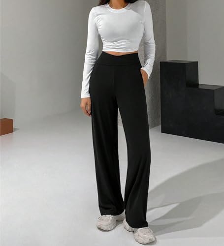Women Casual Lightweight Pants Long Wide-Leg Pants with Cross High Waist3