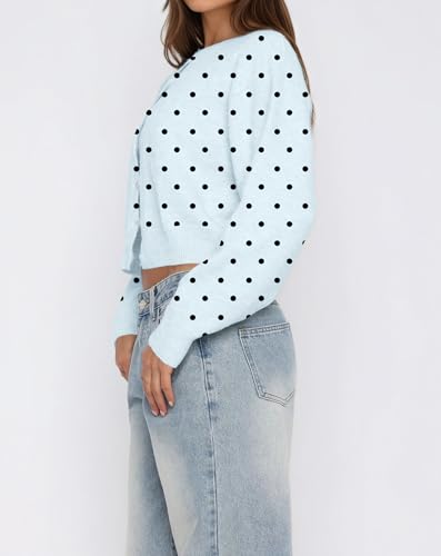 Women Y2k Polka Dot Button Up Open Front Crop Cardigan Sweater Long Sleeve Crewneck Knit Tops Cute Fall Outfits3