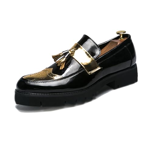 Men's Patent Leather Platform Slip-On Penny Loafers Shoes, Fashion Round Toe Tassel Non-Slip Lug Sole Dress Shoes,for Party Dating Prom