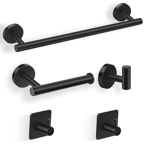 Moxzolo Juego de 5 piezas para baño SUS304, acero inoxidable, toallero de barra de 40 cm, portarrollos de papel higiénico, 3 ganchos para albornoces, accesorios de baño, juego de toalleros (negro mate