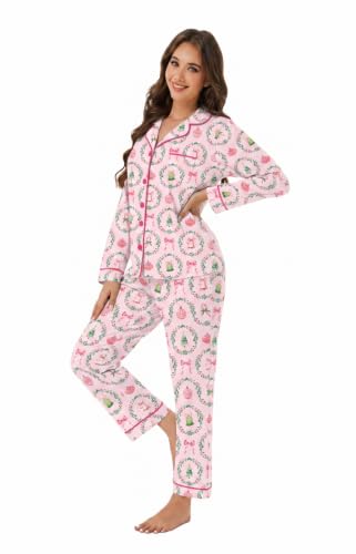 Image of LUBOT Christmas Pajamas for Women 100% Cotton Pajama 2 Piece PJ Set Soft Long Sleeve Button Xmas Print Loungewear XS-XXL