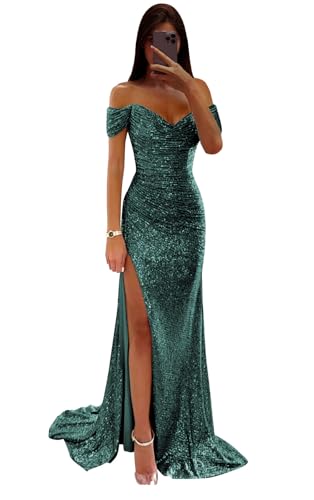 Sparkly Sequin Prom Dresses Long with Slit Off The Shoulder Bridesmaid Dress Pleated Evening Formal Gowns
