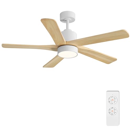 Image of WINGBO 48 Inch DC Ceiling Fan with Lights and Remote Control, 5 Carved Solid Wood Blades, 6-Speed Noiseless Reversible DC Motor, Indoor Ceiling Fan in Gloss White Finish with Natural Wood Blades
