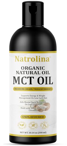 Natrolina Organic MCT Oil Unflavored 300ml from 100% Coconuts | Natural MCT Oil C8 C10 C12 | Keto & Paleo Diet Friendly Non-GMO & Gluten-Free | Brain & Body Fuel Perfect in Coffee Smoothies & Salads