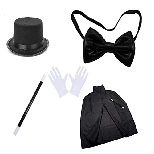 Proumhang 5 Pièces Costume de Magicien pour Enfants,avec Chapeau Haut de Forme,Cape,Baguette Magique et Gants Blancs pour le Spectacle de tours de Magie et le Costume d'Halloween Carnaval