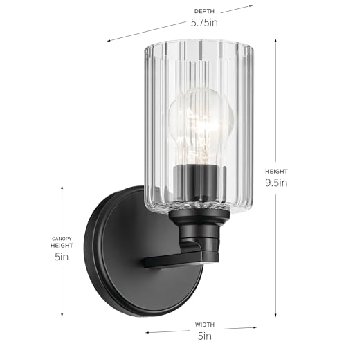 Image of Kichler Gioe 5 inch 1-Light Wall Sconce Bathroom Light Fixture with Clear Fluted Glass in Black, Damp Rated for Powder Room, Kitchen, Hallway, Bedroom (5 inch W x 9.5 inch H), 55224BKFLU