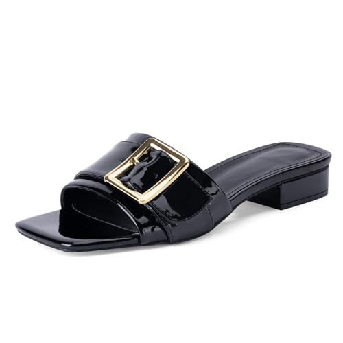 Image of Women's Slide Heeled Sandals Opened Square Toe Chunky Block Heel Slippers with Buckle Slip on Casual Comfortable Pumps