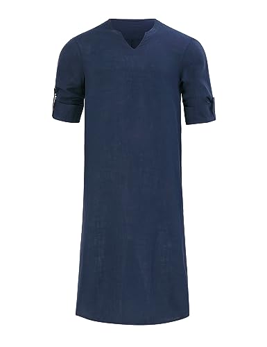 TURETRENDY Men's V-Neck Kaftan Robe Long Sleeve Casual Thobe Side Split Gown Shirt4