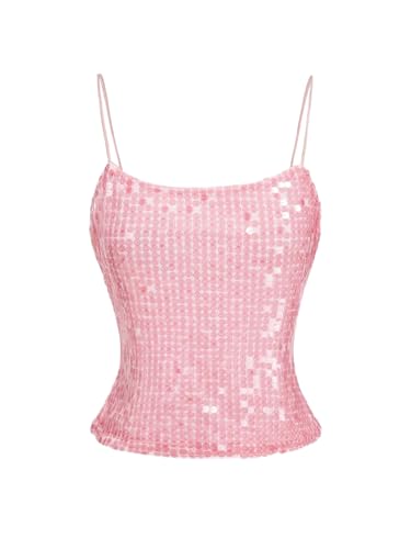 MakeMeChic Women's Y2K Sequin Top Sparkly Spaghetti Strap Top Glitter Party Clubwear Cami Top