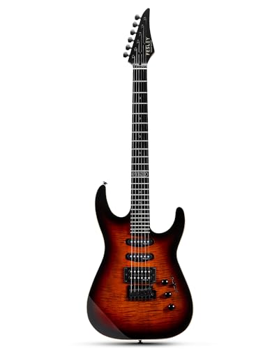 Fesley Electric Guitar, Full Size Solid Body Electric Guitar Beginner Kit, HSS Pickup With Coil Split, Poplar Body Flame Maple Top Maple Neck With Gig Bag, Cable, Strap, Tuner, FDK800, Sunburst