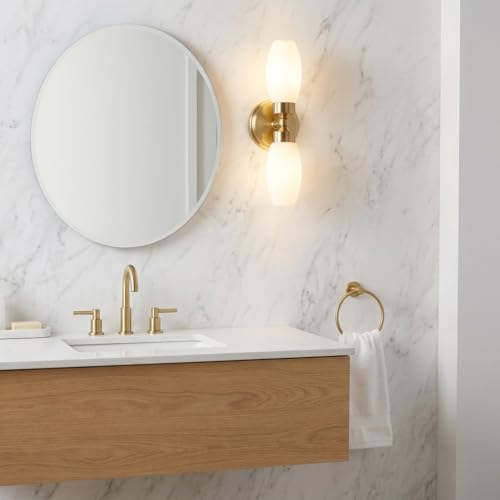Alpinaluz Applique Murale pour Salle de Bain avec Double Foyer E14, Abat-jour en Verre Opalin Blanc, Base Métallique Dorée, Protection IP44, Éclairage Doux...