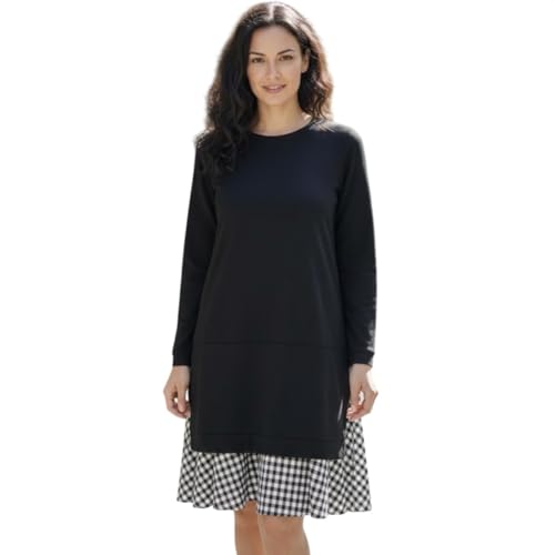 Image of Women Single Piece Long Sleeve Midi Dress with Round Neck Solid Black Body and Checked Hem Panel Boutique Limited One of One Handmade Exclusive Wear Style