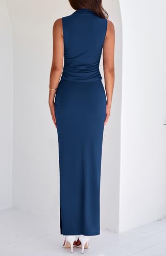 BTFBM Summer Two Piece Skirt Set for Women 2025 Dressy Lightweight Sleeveless Knit Top Going Out Split Maxi Skirt Set