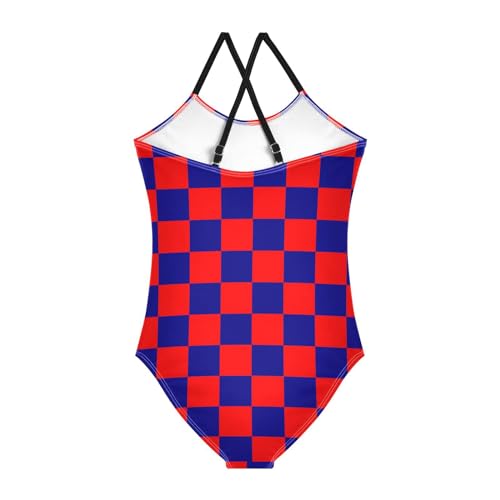 Image of Black and White Chess Girls One Piece Swimsuits Board Marble Tile Sport Halter Swimwear Beach Bathing Suit 3T