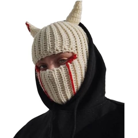 Pooyikoi Funny Horns Creative Knitted Hat Beanies Warm Full Face Cover Ski Mask Windproof Balaclava for Men Women (White Blood Stain,One Size) Cover