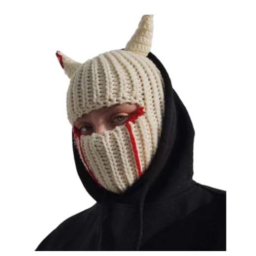 Funny Horns Creative Knitted Hat Beanies Warm Full Face Cover Ski Mask Hat Windproof Balaclava Hat for Men Women (White Blood Stain,One Size)