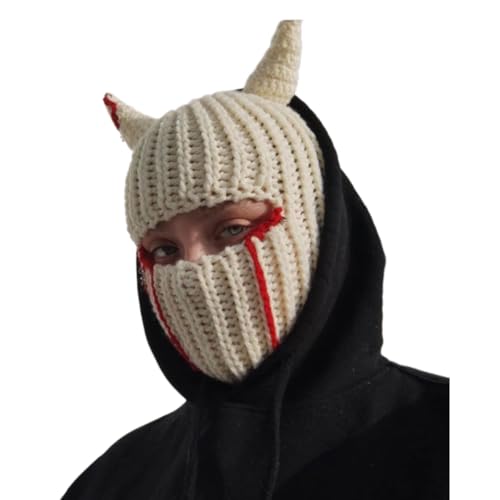 Funny Horns Creative Knitted Hat Beanies Warm Full Face Cover Ski Mask Windproof Balaclava Hat for Men Women