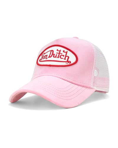 Von Dutch Unisex Trucker Hat - Velvet Curved Bill Mesh Back Retro Classic Adjustable Snapback Baseball Cap for Men and Women Size One Size Pink Tint
