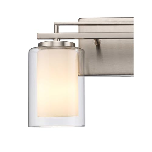 Image of TRANS GLOBE 22482 BN I Lisbon Collection 14 Inch Two-Light Bathroom Vanity - in a Brushed Nickel Finish | Metal Housing I Clear & Frosted Shades I Modern Contemporary Light Fixture |