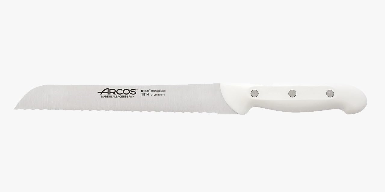 Arcos Artika Cuchillo Panero Acero Inoxidable NITRUM Serrado 210 mm - Mango Polipropileno Blanco - Alta Durabilidad y Corte Preciso - Serie Artika