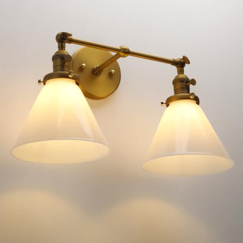 Image of Double Sconce Vintage Industrial Gold 2-Lights Wall Sconces with Funnel Flared Glass Milk Glass Shade Antique Scocne for Bathroom Living Room Home Office