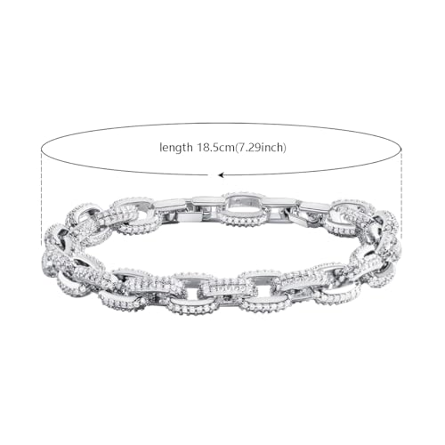 Silver Plated White Cubic Zirconia Pave Bracelet,Bling CZ O-chain Hip Hop Cuban Bracelets Tennis Bracelet for Women Men Jewelry,7.2"3