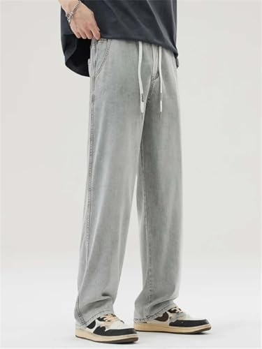 Hndudnff Men's Summer Thin Elastic Waist Jeans Loose Straight Elastic Drawstring Wide Leg Denim Long Pants3