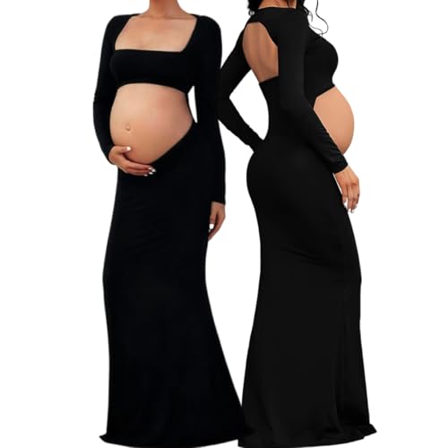 AOWVUTS Robe de Maternité à Manches Longues Robes de Grossesse Shooting Photo Longue Robes Dos Nu Col Carré avec Découpe Sexy Robe Maxi Enceintes Elegance Femmes...