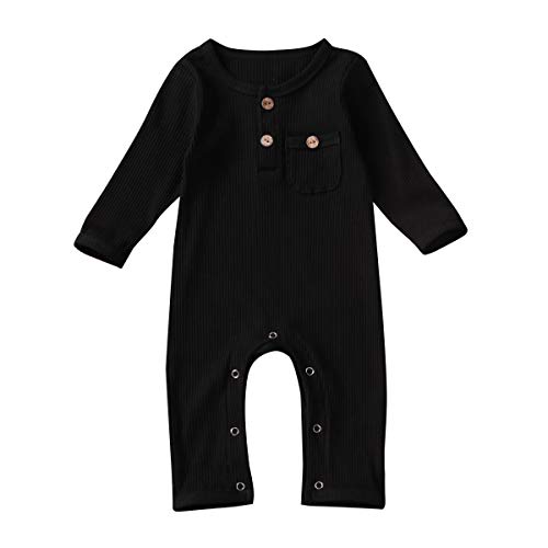 Fiomva Unisex Baby Girl Boy Clothes Long Sleeve Romper Bodysuit Solid Ribbed Jumpsuit One Piece Pajamas Fall Winter Outfit (Pocket-Black,12-18 Months)