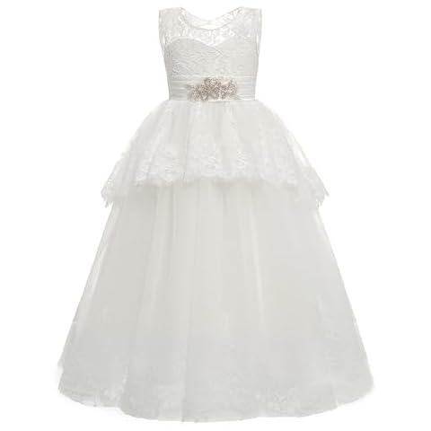 Flower Girls Dress 1st Communion Dresses White Lace Sleeveless Princess Tulle Ball Gown for Girls 2-12 Years Cover