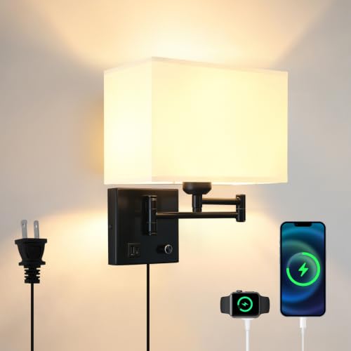 Image of Plug in Wall Lamp for Living Room Bedroom Bedside, Bulb Included | Wall Sconce with USB C+A Charging Ports, Adjustable Swing Arm 270, Adjustable Color Temperature, White Square Lampshade