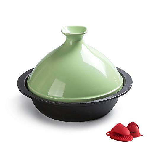 24Cm Large Cooking Tagine Professional Moroccan Tajine with Enameled Cast Iron Base and Cone-Shaped Lid for Different Cooking StylesGreen