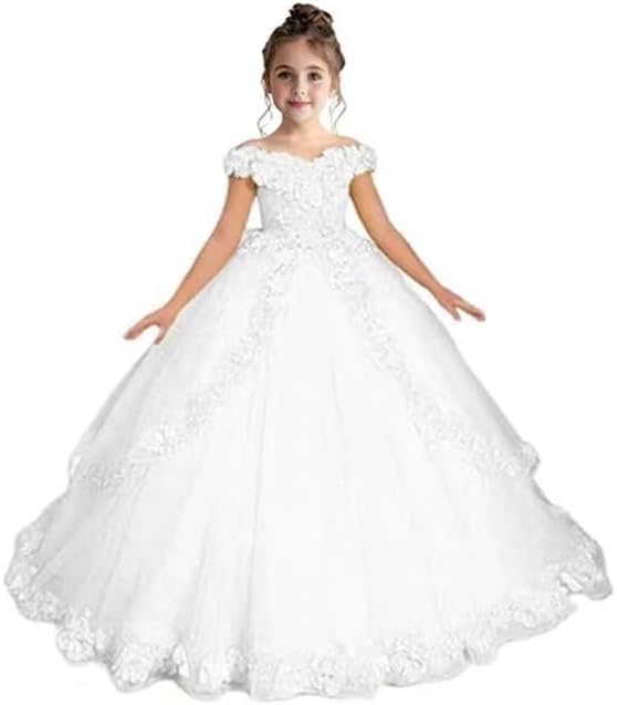 Flower Girl Dress Puffy Tulle Skirt Pageant Dresses for Girls Off Shoulder Lace First Communion Princess Ball Gown