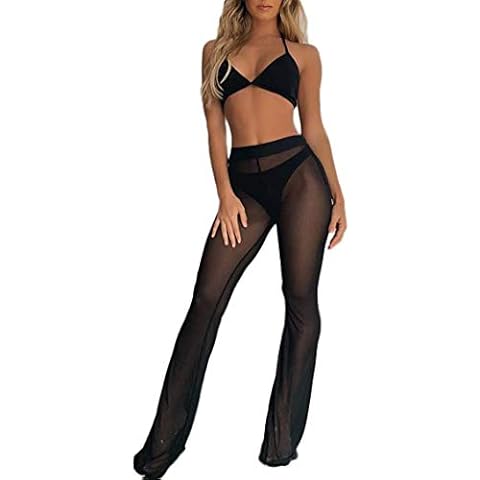 suanret Women's See Through Mesh Pants Ruffle Transparent Bikini Bottom Beach Cover Up Long Pants High Waist Wide Leg Trousers (M, Black) Cover
