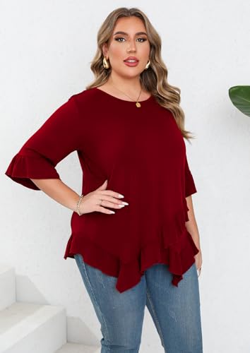 Beauhuty Plus Size Tops for Womens Tunic Ruffled Hem Crew Neck T-Shirts Casual Flowy Blouses 3/4 Ruffle Sleeve4