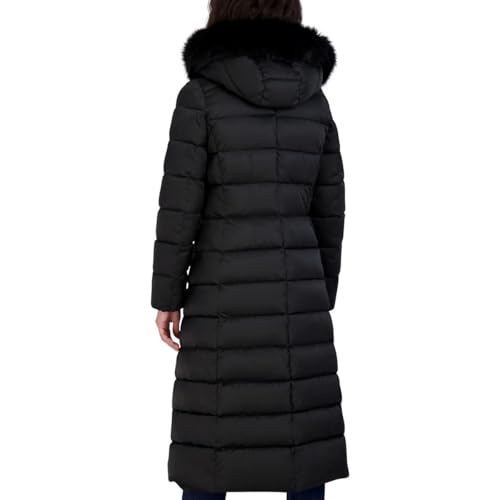 TAHARI Women's Maxi Puffer Coat, Attached Bib, Faux Fur Hood Trim, Hand Warmer Pockets, Long Puffer Coat, Black, Large2