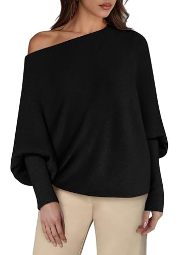 BTFBM Casual Sweaters for Women Fall Fashion 2025 Off The Shoulder Sweater Solid Knitted Pullover Loose Jumper Tops(Black,XX-Large)