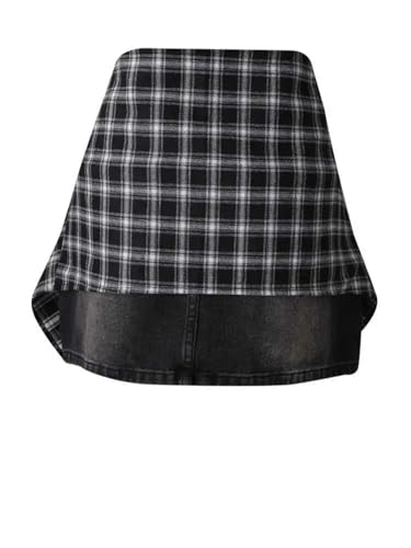 Women's Plaid Patchwork Denim Skirt High Waist A-Line Casual Street Mini Skirts4