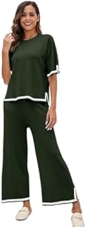 Women's Knit 2 Piece Lounge Set Casual Short Sleeve Pullover Tops and Wide Leg Pants Sets