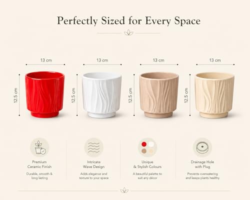 Image of Xtore Charming Textured Ceramic Planter Pots Set of 4 for Indoor Plants | Modern Ribbed Flower Pots for Home, Office Desk, Balcony & Shelf Decor (Multicolor, Planters Only)