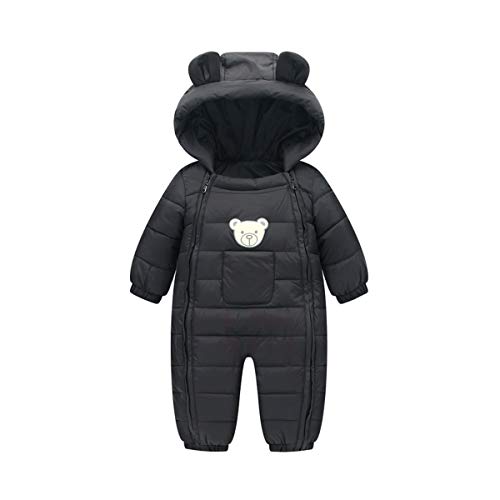 Flashing boy Toddler Baby Boys Girls Winter Snowsuit Outerwear Clothes Thick Cotton Bear Print Pocket Hooded Warm Snow Wear (Black, 18-24 Months)