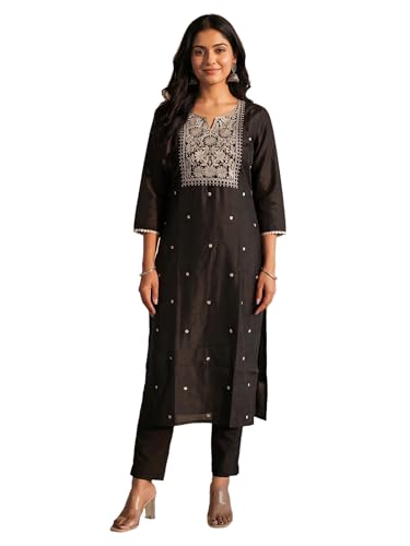 Image of INDO ERA Women's White Viscose Rayon Straight Embroidered Kurta