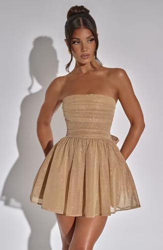 Strapless Short Homecoming Dresses for Teens Sparkly Tulle Mini Prom Cocktail Party Gowns with Bow3