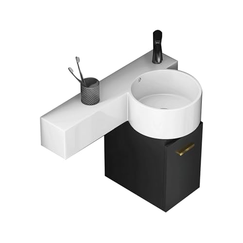 Mueble de baño suspendido negro con lavabo pequeño y grifo para ganar espacio 2