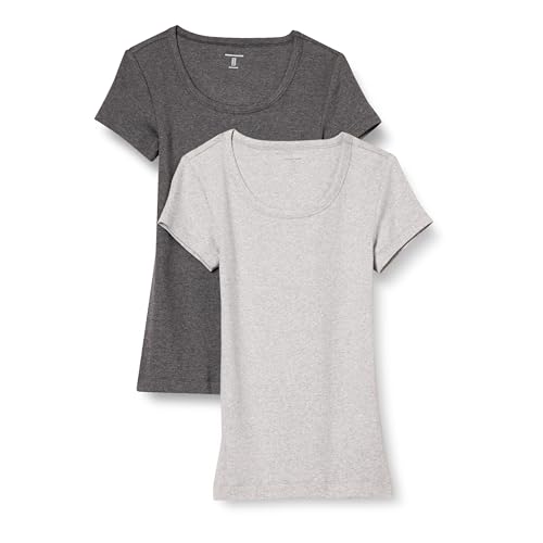Amazon Essentials Damen T-Shirt mit Flügelärmeln und U-Ausschnitt in schmaler Passform, 2er-Pack, Dunkelgrau Meliert/Hellgrau Meliert, M