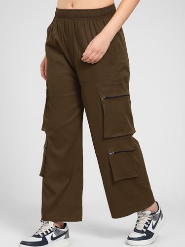 Image of ADDYVERO Elastic Cotton Solid Non-Stretchable Regular Fit Full Length Women six Pockets Cargo Pant (Light Brown, 28)