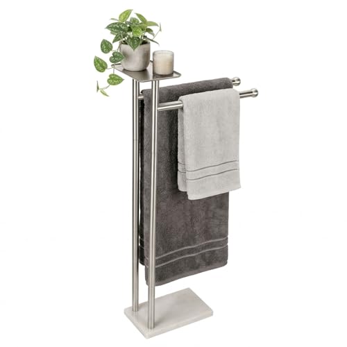 Songtec Towel Rack Stand for Bathroom, 2-Tier Freestanding Towel Holder for Bath Towels, Practical Shelf on Top, Heavy Duty Bathroom Accessories, No Drilling Required